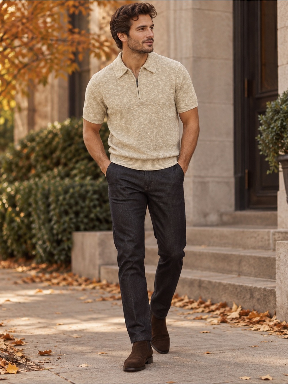 Jason Wu Men’s Linen Blend Quarter Zip Knit Polo Beige NWT Size S